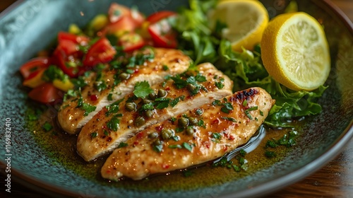 Vibrant Chicken Piccata Served with a Rich Lemon Caper Sauce and a Refreshing Side Salad