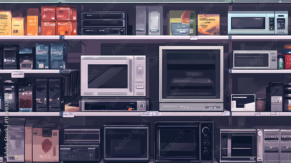 Microwaves and other appliances on shelves in a store. Ethersea. Illustration Microwaves and other appliances on shelves in a store. Ethersea. Illustration