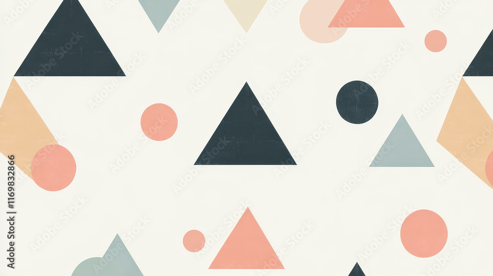 Abstract geometric pattern with triangles and circles in soft pastel colors on a cream background Abstract geometric pattern with triangles and circles in soft pastel colors on a cream background