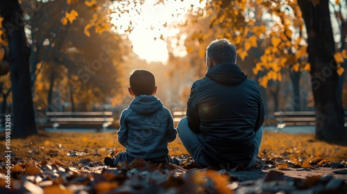 Father and son sitting in park photo