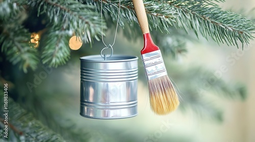 A unique glass Christmas ornament shaped like a paint can with a brush, hanging beautifully on a Christmas tree. The intricate details of the toy reflect festive creativity photo