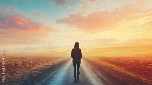 Wallpaper Mural A woman standing at a crossroads, looking thoughtfully at different paths ahead, symbolizing the journey of finding one's purpose  Torontodigital.ca