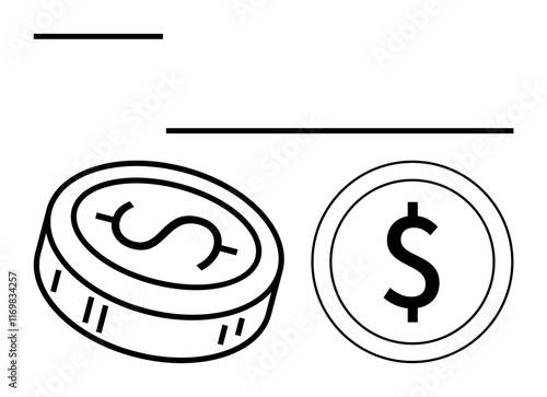 Two outlined dollar coins with a simple dollar sign in the center, accompanied by horizontal lines. Ideal for financial education, business presentations, economic reports, educational materials