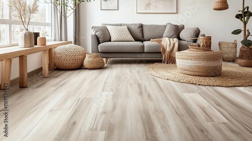 Light beige wood flooring in a modern living room with a gray sofa and wicker accents.
