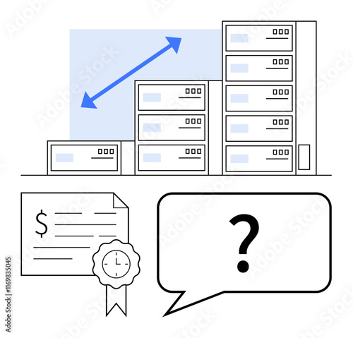 Upward arrow pointing to taller buildings representing business growth, financial certificate with clock ribbon, question mark speech bubble. Ideal for business development, finance, investment