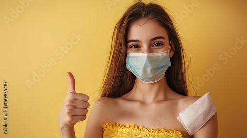 Happy young woman with mask after vaccination