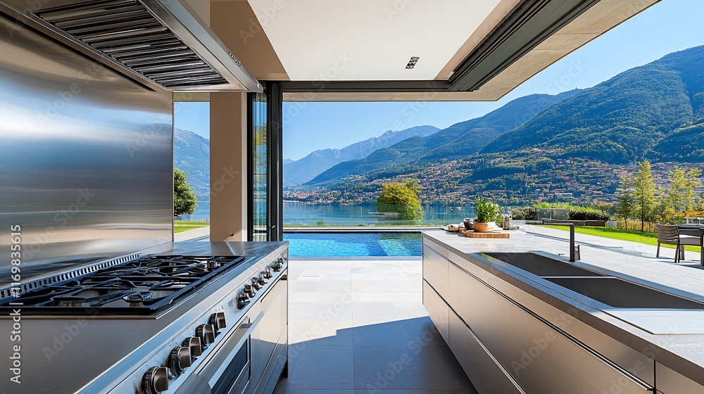 Fototapeta premium Modern outdoor kitchen with lake and mountain view.