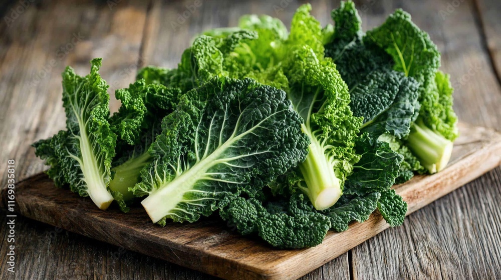 Fresh green kale leaves on a wooden cutting board. Fresh green kale leaves on a wooden cutting board.