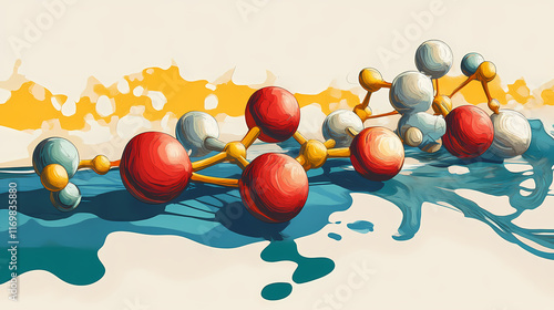 Illustration of propylene glycol molecules interacting with other compounds, dynamic visual, chemical interaction. Ethersea. Illustration photo