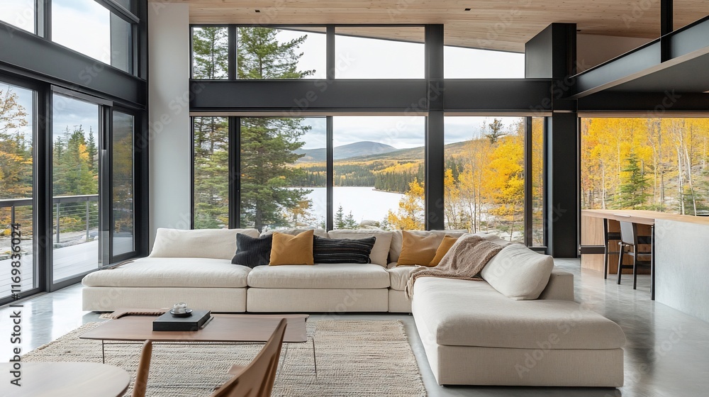 Fototapeta premium Modern living room with large windows showcasing stunning autumnal lake and mountain view.