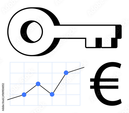 Large key, line graph with data points on a grid, and bold euro symbol communicate financial access, investments, and growth. Ideal for finance, economy, banking, business analysis strategy