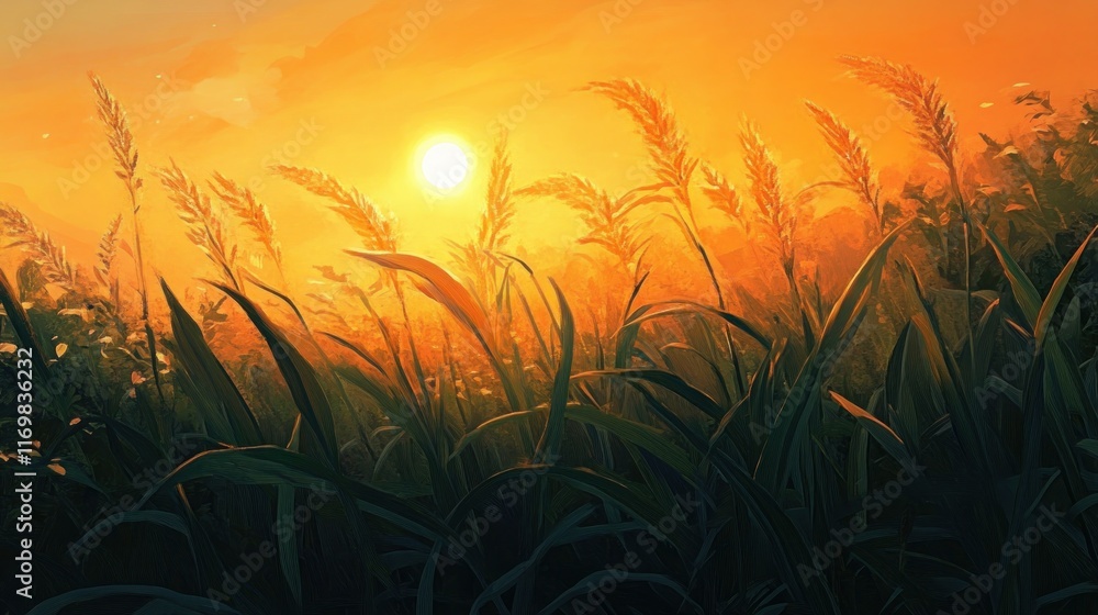 Sunset over tall grass field, orange sky, sun, plants. Sunset over tall grass field, orange sky, sun, plants.