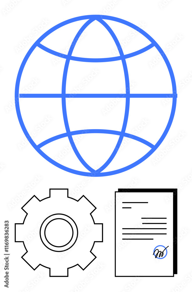 Globe with curved lines, mechanical gear, and a signed document suggesting global communication, partnerships, workflows. Ideal for business, technology, international trade, agreements logistics Globe with curved lines, mechanical gear, and a signed document suggesting global communication, partnerships, workflows. Ideal for business, technology, international trade, agreements logistics