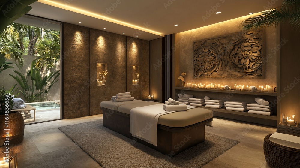 Fototapeta premium Luxurious spa room with massage table, towels, candles, and tropical view.