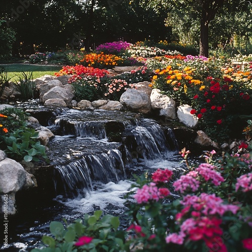 Cascading waterfall in vibrant flower garden.