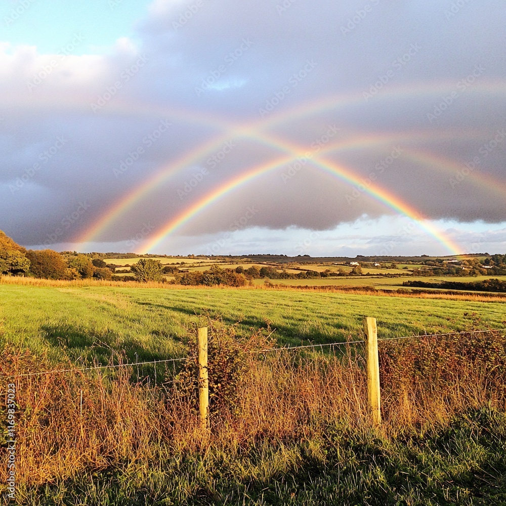 Obraz premium Double rainbow arching over a serene green field, with a wire fence in the foreground.