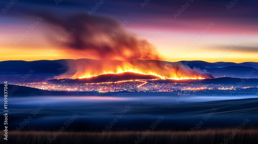Intense close-up of wildfire, flames licking at dry brush near city, heavy smoke clouding the view, faint city lights barely visible through haze Intense close-up of wildfire, flames licking at dry brush near city, heavy smoke clouding the view, faint city lights barely visible through haze