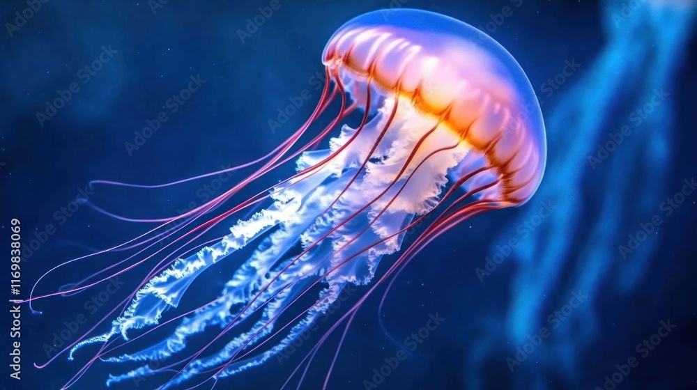 A vibrant jellyfish, with a luminous bell and long, flowing tentacles, against a deep blue underwater backdrop. A vibrant jellyfish, with a luminous bell and long, flowing tentacles, against a deep blue underwater backdrop.