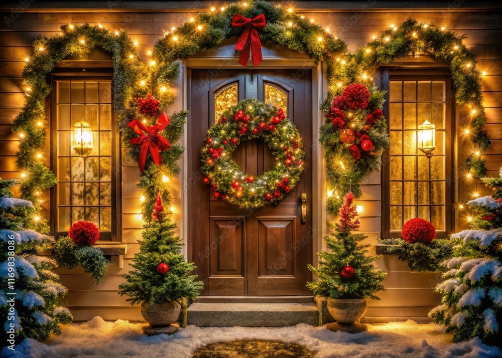 Obraz premium Capture festive Christmas cheer: wreath's glow reflected in window lights, a magical night scene.