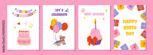 Set of birthday greeting cards design with cake, balloons, gifts and typography design. Abstract universal grunge artistic templates. For poster, business card, invitation, flyer, banner, email header