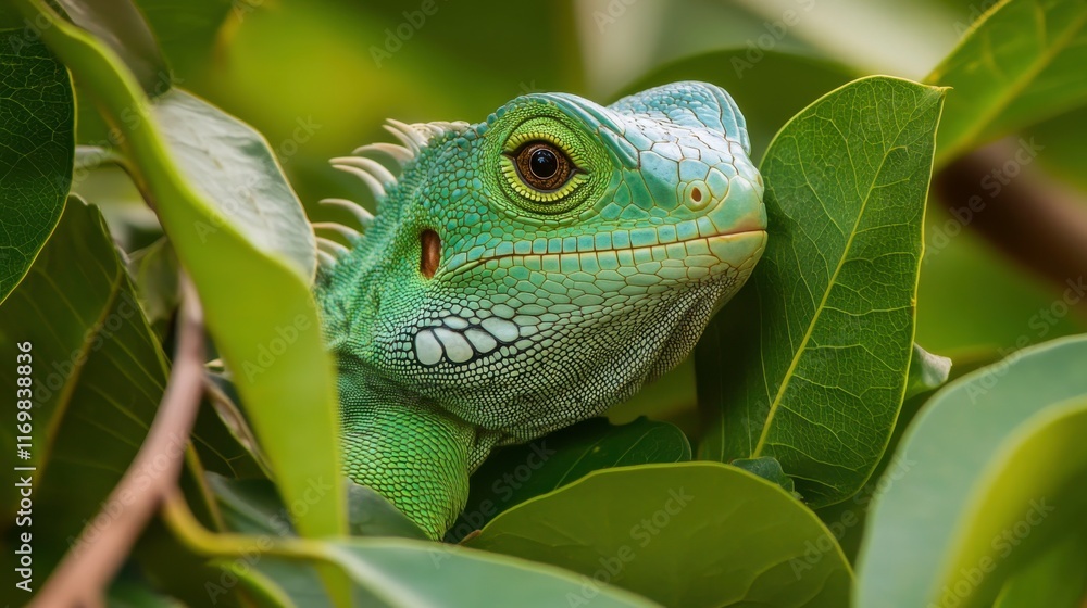 Fototapeta premium Lizard Camouflaged in Jungle Foliage During Golden Hour
