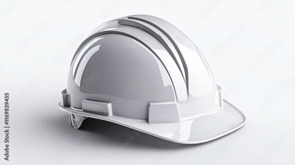 Fototapeta premium White safety helmet, angled perspective, bold contrast and shadows, realistic detailing, isolated on white background