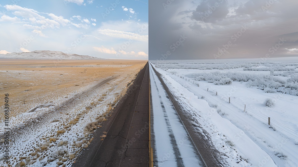 Climate change transition from summer desert heat to winter snow. Extreme contrast weather range at transportation road driving lanes. Dangerous drought, golden desertification to snowy white blizzard Climate change transition from summer desert heat to winter snow. Extreme contrast weather range at transportation road driving lanes. Dangerous drought, golden desertification to snowy white blizzard