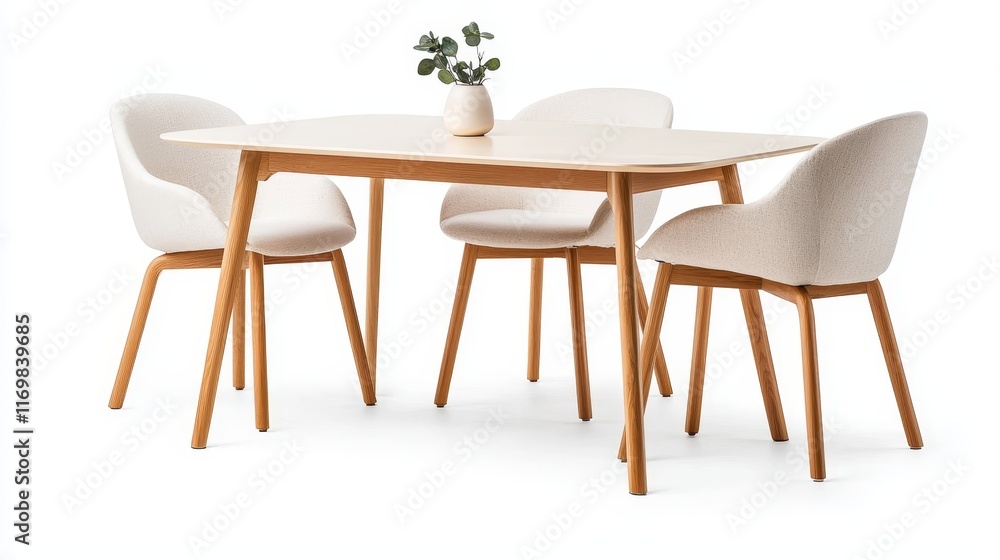 Wooden dining table with angled legs, paired with fabric chairs, minimalist Nordic design, isolated on white background Wooden dining table with angled legs, paired with fabric chairs, minimalist Nordic design, isolated on white background