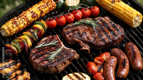 Delicious Grilled Barbecue Feast: Steaks, Sausages, Corn, and Vegetables on a Hot Grill