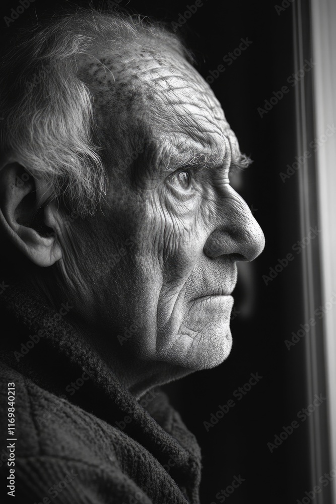 Obraz premium An elderly man sits quietly by the window, lost in thought or perhaps a sad mood.