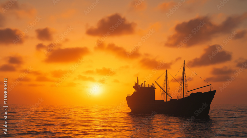 Golden Hour at Sea: Silhouette of a historic cargo ship sailing majestically into a breathtaking sunset, evoking a sense of adventure and exploration. Golden Hour at Sea: Silhouette of a historic cargo ship sailing majestically into a breathtaking sunset, evoking a sense of adventure and exploration.