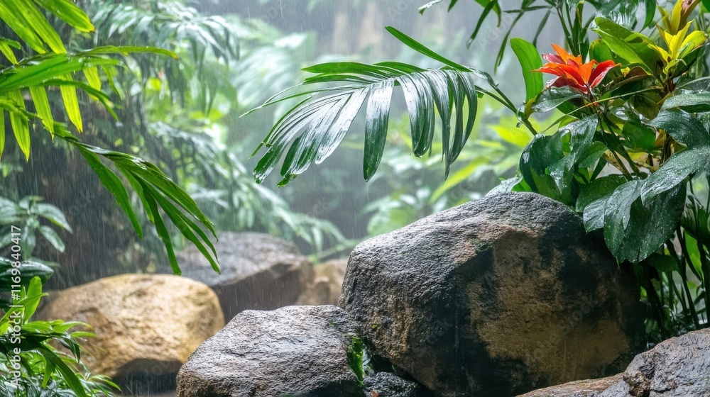 Fototapeta premium Misty Jungle with Rocks and Lush Vegetation