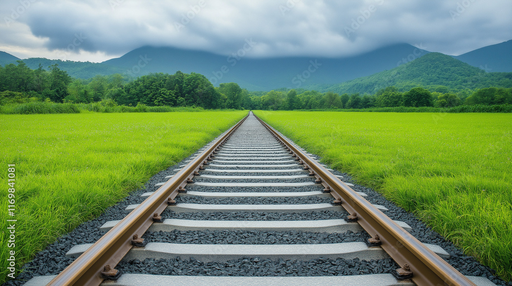 Obraz premium Endless Journey: A scenic railroad track winds its way through a lush green meadow, the rails vanishing into the distance, promising endless possibilities and adventures. 