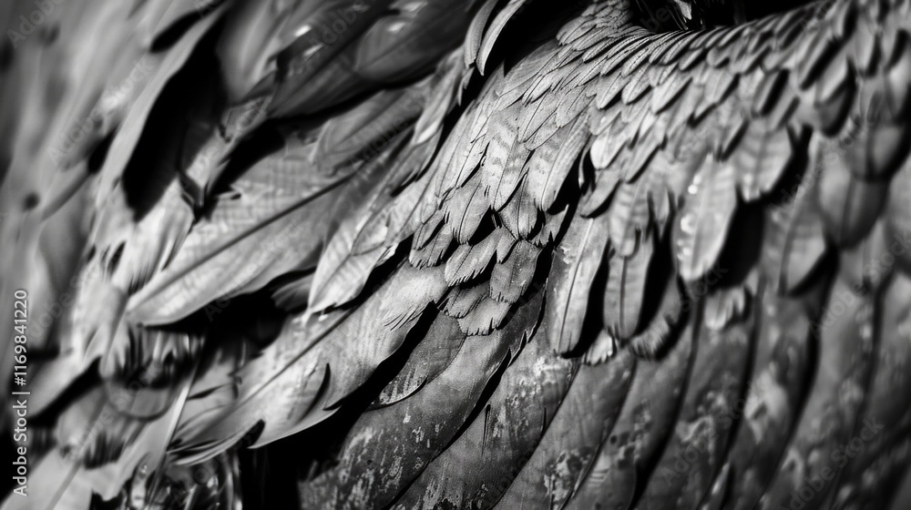 Naklejka premium The image is a close up of a bird's wing with feathers. The feathers are black and white, and the wing appears to be slightly damaged. Scene is somber and melancholic, as the damaged wing