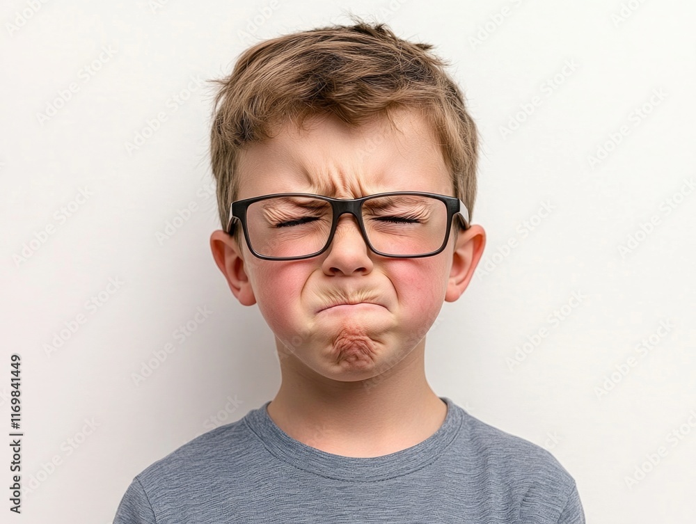 The image is a close-up of a young boy's face, expressing frustration or annoyance. He wears glasses and appears to be making an unpleasant face. The image is a close-up of a young boy's face, expressing frustration or annoyance. He wears glasses and appears to be making an unpleasant face.