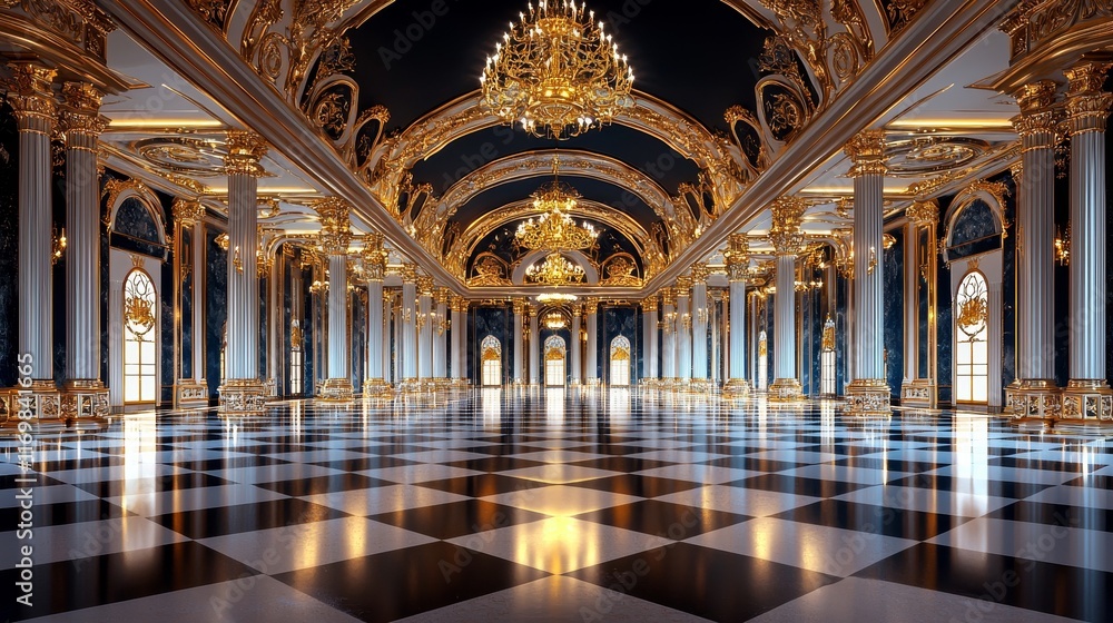 Obraz premium royal ballroom with golden and black motif, luxurious blue decor, polished floors, ornate detailing, enchanting palace atmosphere, isolated on white background
