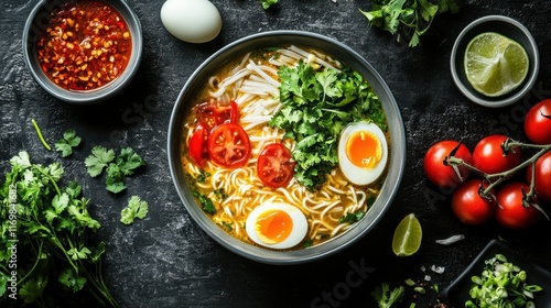 Wallpaper Mural Delicious Asian Noodle Soup with Egg, Tomato, and Cilantro Garnish Torontodigital.ca