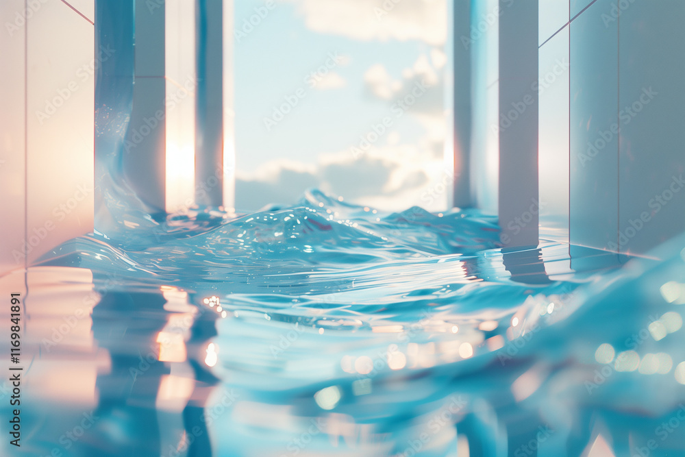 Fototapeta premium Abstract water wave creating dynamic visually stunning in hallway modern building with blue sky. Surreal nature background.