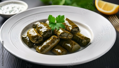 traditional greek dolmades on white plate with gourmet presentation authentic mediterranean cuisine stuffed grape leaves with rice and herbs perfect for food photography and culinary blogs photo