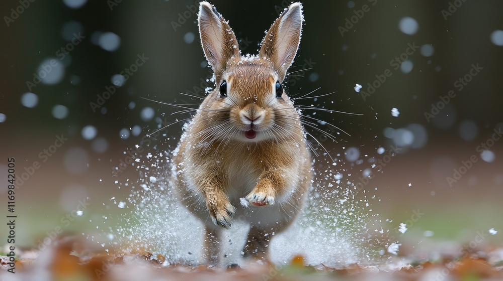 Brown rabbit running through water, splashing. Brown rabbit running through water, splashing.
