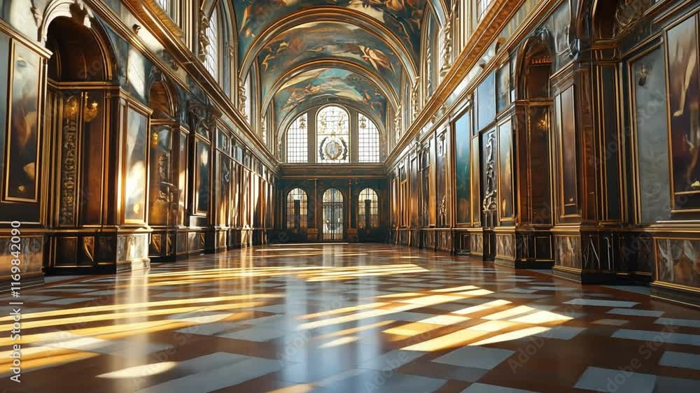 This interior showcases elaborate decor and natural light casting shadows on the floor. This interior showcases elaborate decor and natural light casting shadows on the floor.