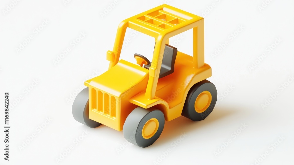 Yellow toy forklift on white background.