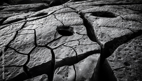 black and white photo of a rock with cracks and holes the photo has a moody and somber feel to it photo