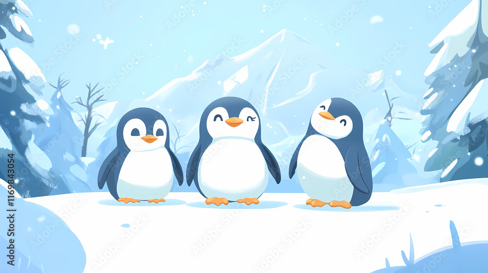 Fototapeta premium A group of three penguins standing next to each other in the snow. Ethersea. Illustration