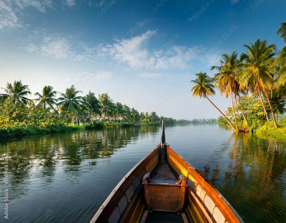 Obraz premium kerala backwaters view with boat landscape
