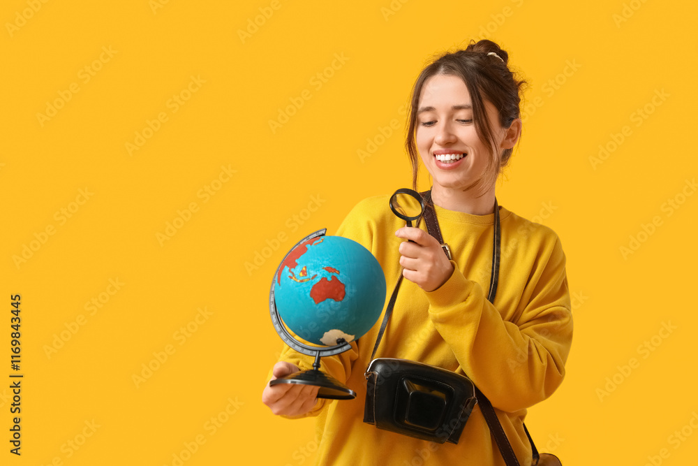 Female traveler with magnifier and globe on yellow background. Itinerary concept