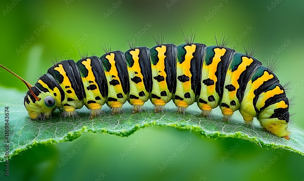 Close-up of a vibrant yellow, black, and green caterpillar on a leaf. Close-up of a vibrant yellow, black, and green caterpillar on a leaf.