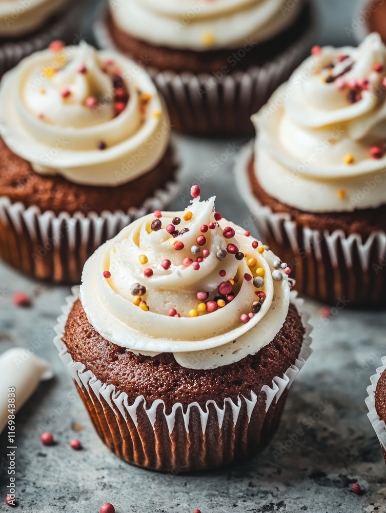 Freshly made brown cupcakes with white vanilla frosting and colorful sprinkles, ready for a festive occasion. Freshly made brown cupcakes with white vanilla frosting and colorful sprinkles, ready for a festive occasion.