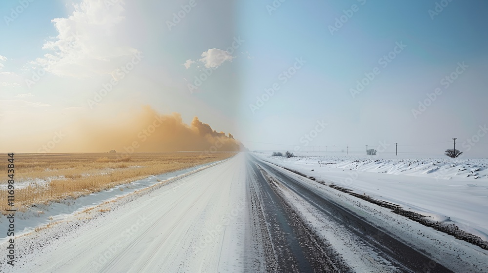 Climate change transition from summer desert heat to winter snow. Extreme contrast weather range at transportation road driving lanes. Dangerous drought, golden desertification to snowy white blizzard Climate change transition from summer desert heat to winter snow. Extreme contrast weather range at transportation road driving lanes. Dangerous drought, golden desertification to snowy white blizzard