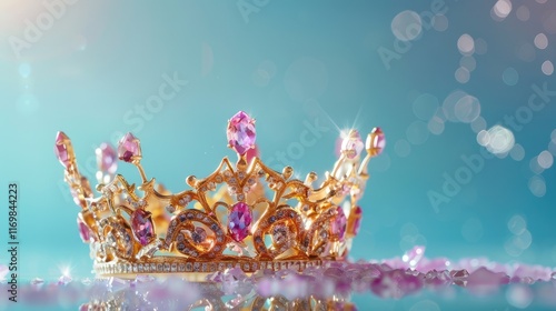 Golden crown adorned with pink gemstones on sparkling blue background photo